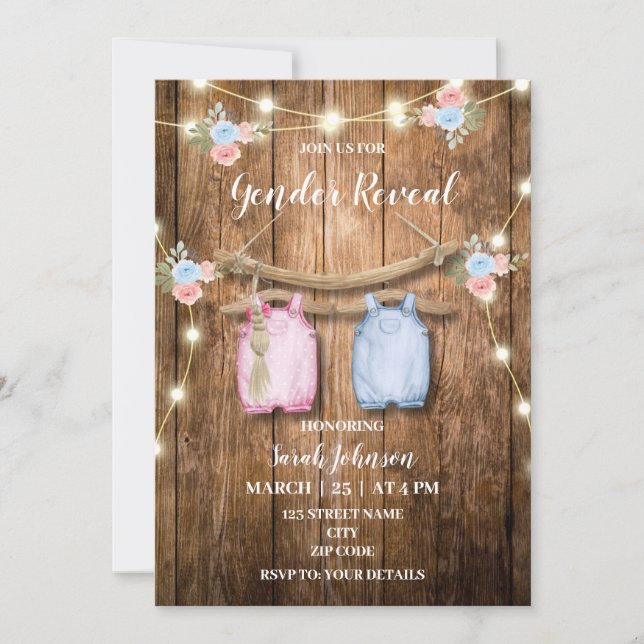 Rustic boho gender reveal party invitation (Front)