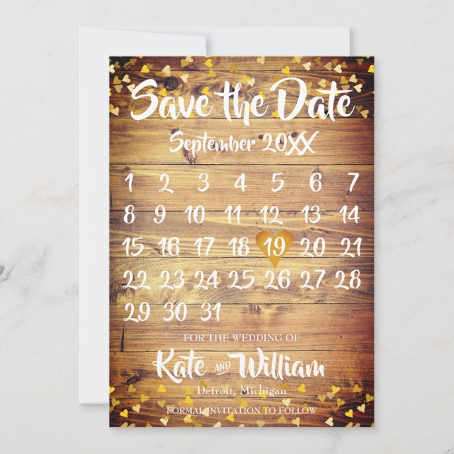Rustic Boho Gold Love Heart Calendar Save the Date (Front)