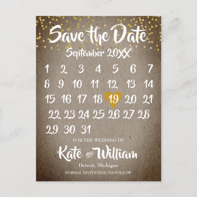 Rustic Boho Gold Love Heart Calendar Save the Date Announcement Postcard (Front)
