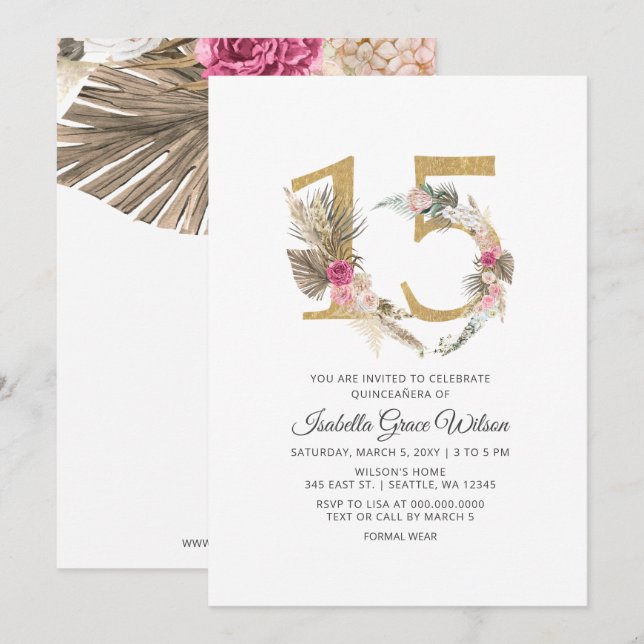 Rustic Boho Gold Pampas QUINCEANERA Invitation (Front/Back)