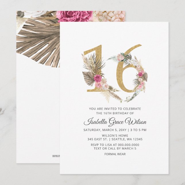 Rustic Boho Gold Pampas Sweet 16 Birthday  Invitation (Front/Back)