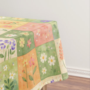 Rustic Boho Green & Orange Quilt Floral Patchwork  Tablecloth