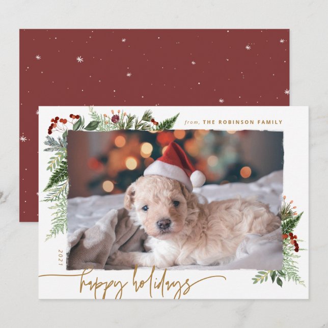 Rustic Boho Greenery Gold Dry Brush Effect Photo H Holiday Card (Front/Back)