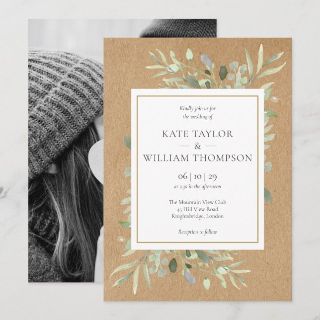 Rustic Boho Greenery Photo Wedding Invitation (Front/Back)