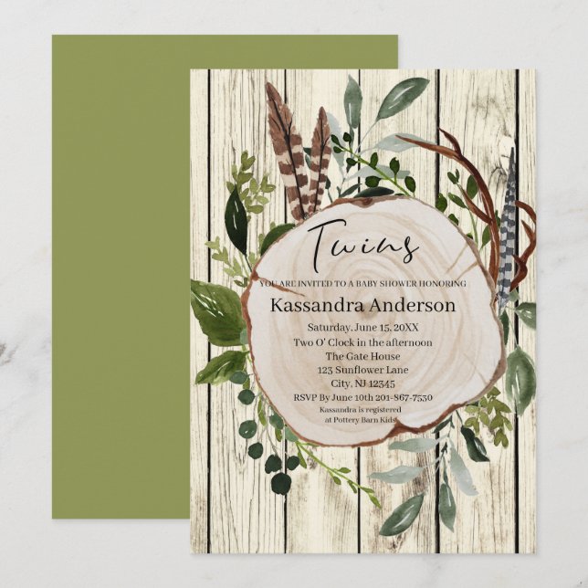 Rustic Boho Greenery Twins Baby Shower Invitation (Front/Back)