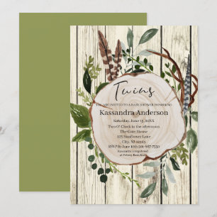 Rustic Boho Greenery Twins Baby Shower Invitation
