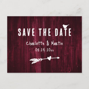 Rustic Boho Heart Burgundy Wedding Save The Date Postcard
