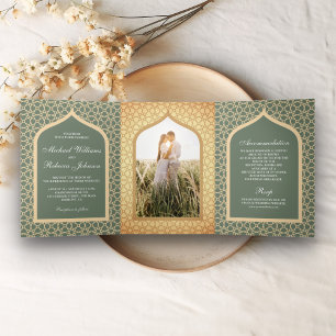 Rustic Boho Indian Lattice Arch Sage Green Wedding Tri-Fold Invitation
