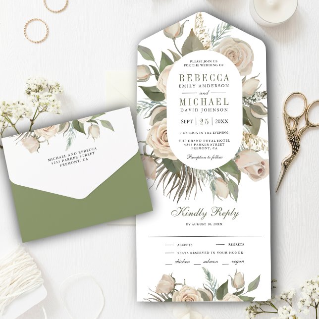 Rustic Boho Ivory Roses Sage Green Leaves Wedding All In One Invitation (Creator Uploaded)