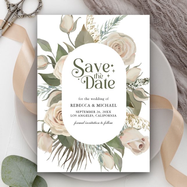 Rustic Boho Ivory Roses Sage Green Wedding Save The Date (Creator Uploaded)
