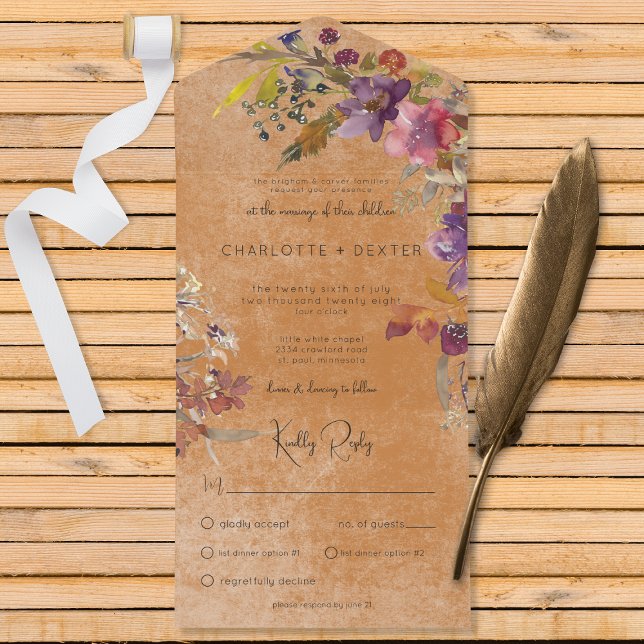 Rustic Boho Jewel Tone Florals Rust Dinner All In One Invitation (Also available with a QR code or without dinner selection options.)