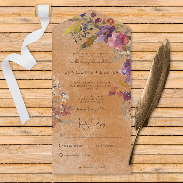 Rustic Boho Jewel Tone Florals Rust No Dinner All In One Invitation (Also available with a QR code o with dinner selection options.)