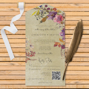 Rustic Boho Jewel Tone Florals Sage QR Code  All In One Invitation