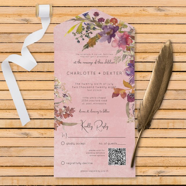 Rustic Boho Jewel Tone Pink Florals QR Code  All In One Invitation (Creator Uploaded)