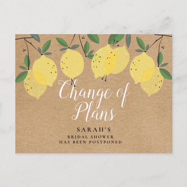 Rustic Boho Lemons Change The Date Postponed Event Postcard (Front)