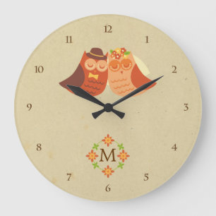 Rustic Boho Lovebird Owl Couple Large Clock