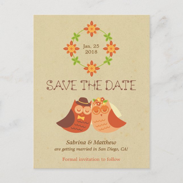 Rustic Boho Lovebird Owl Couple Wedding Announcement Postcard (Front)