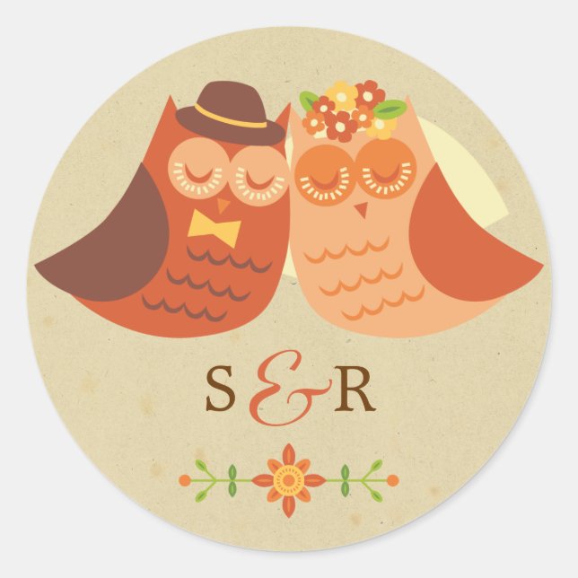 Rustic Boho Lovebird Owl Couple Wedding Classic Round Sticker (Front)