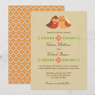 Rustic Boho Lovebird Owl Couple Wedding Invitation