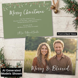 Rustic Boho Merry Blessed Christmas Greenery Photo Holiday Card