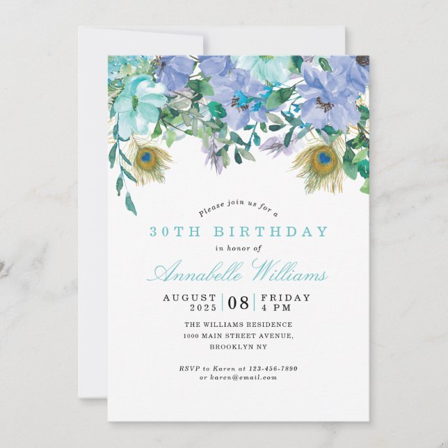 Rustic Boho Mint Green Blue Floral 30th Birthday Invitation (Front)
