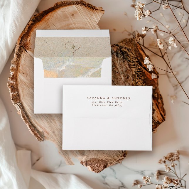 Rustic Boho Monogram Beach Wedding Lined Envelope (Creator Uploaded)