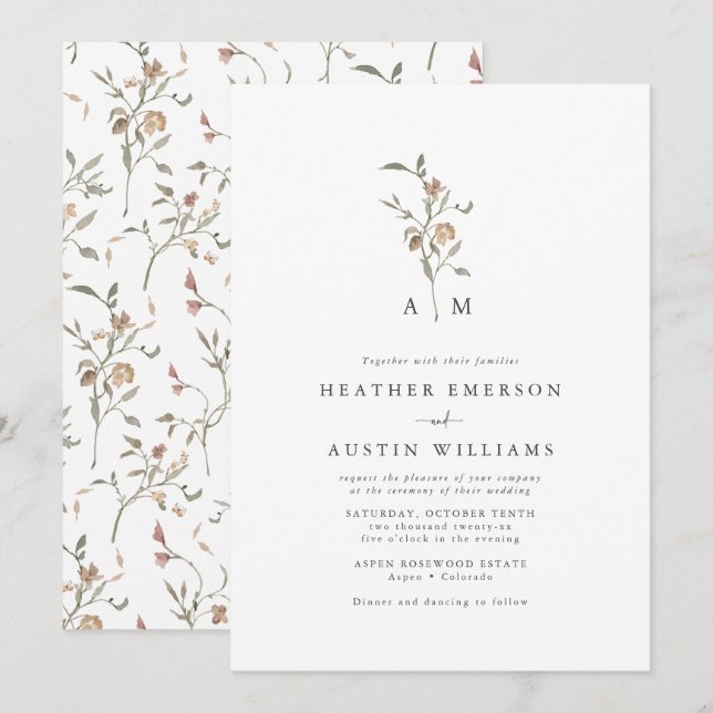 Rustic Boho Monogram Wedding Invitation (Front/Back)