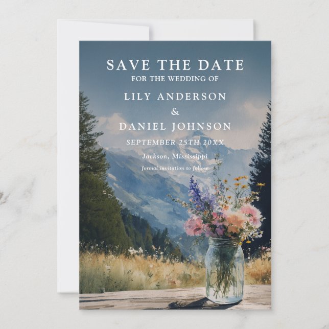 Rustic Boho Mountain Floral Mason Jar Wedding Save The Date (Front)