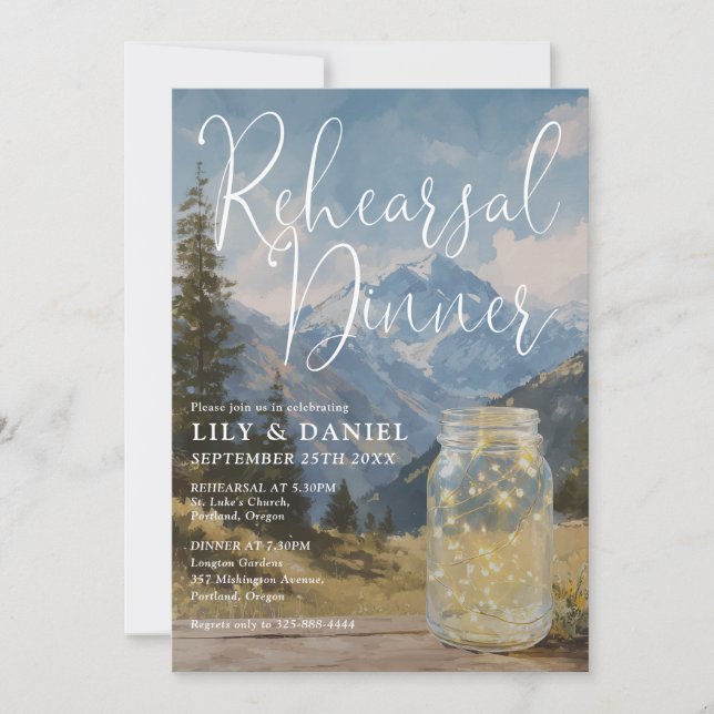 Rustic Boho Mountain Mason Jar Rehearsal Dinner Invitation (Front)
