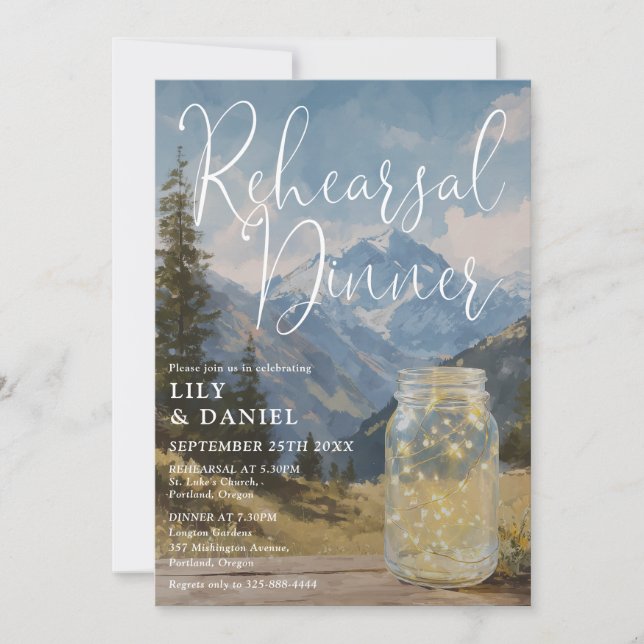 Rustic Boho Mountain Mason Jar Rehearsal Dinner Invitation (Front)