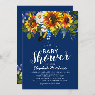 Rustic Boho Navy Blue Sunflower Baby Shower Invitation