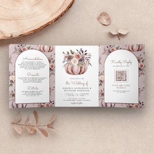 Rustic Boho Neutral Pumpkin Floral QR Code Wedding Tri-Fold Invitation