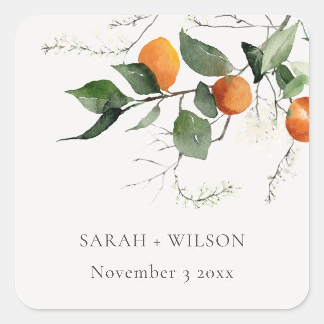 Rustic Boho Orange Blossom Botanical Wedding Square Sticker (Front)