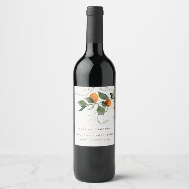 Rustic Boho Orange Blossom Botanical Wedding Wine Label (Front)