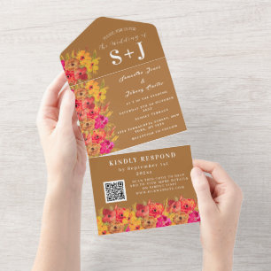 Rustic Boho Orange Terracotta Floral Wedding RSVP All In One Invitation
