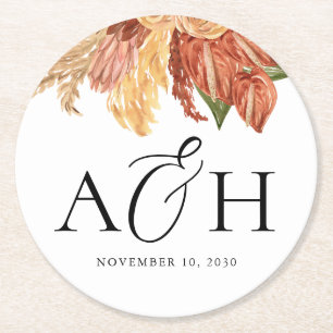 Rustic Boho Palm Leaf Monogram Wedding Round Paper Coaster