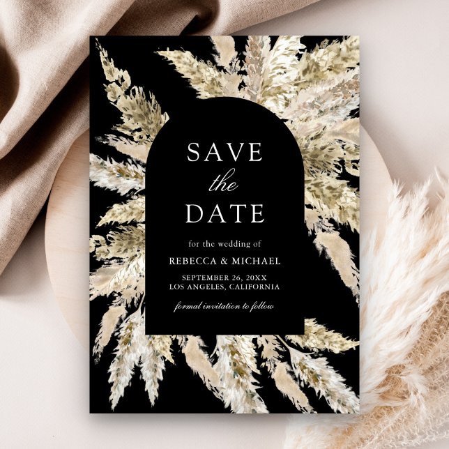 Rustic Boho Pampas Arch Black Wedding Save The Date (Creator Uploaded)