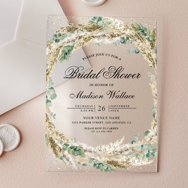 Rustic Boho Pampas Eucalyptus Wreath Bridal Shower Acrylic Invitations (Creator Uploaded)