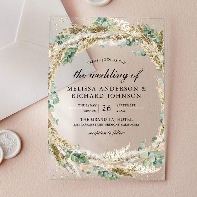 Rustic Boho Pampas Eucalyptus Wreath Wedding Acrylic Invitations (Creator Uploaded)
