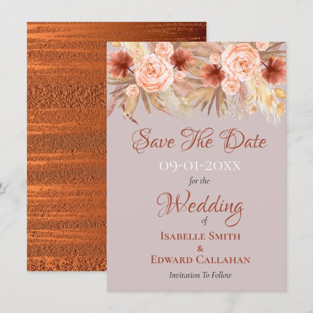 Rustic Boho Pampas Grass & Copper Wedding Save The Date (Front/Back)