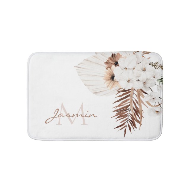 Rustic Boho Pampas Grass Floral Monogram Bath Mat (Front)