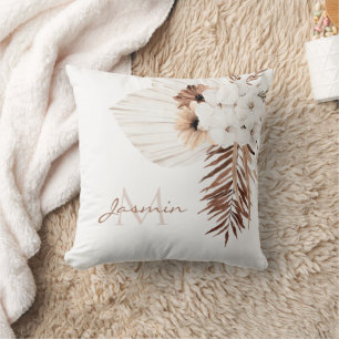 Rustic Boho Pampas Grass Floral Monogram Throw Pillow