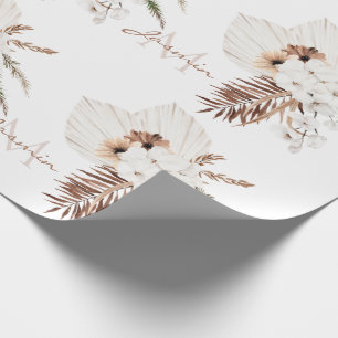 Rustic Boho Pampas Grass Floral Monogram Wrapping Paper