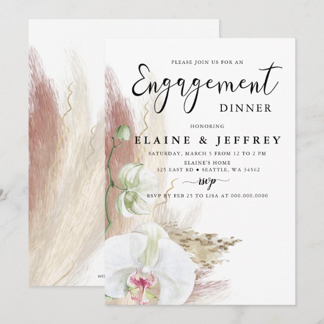 Rustic Boho Pampas Grass Orchid Engagement Party  Invitation (Front/Back)
