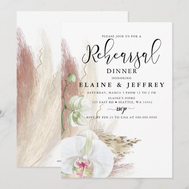 Rustic Boho Pampas Grass Orchid Rehearsal Dinner  Invitation (Front/Back)