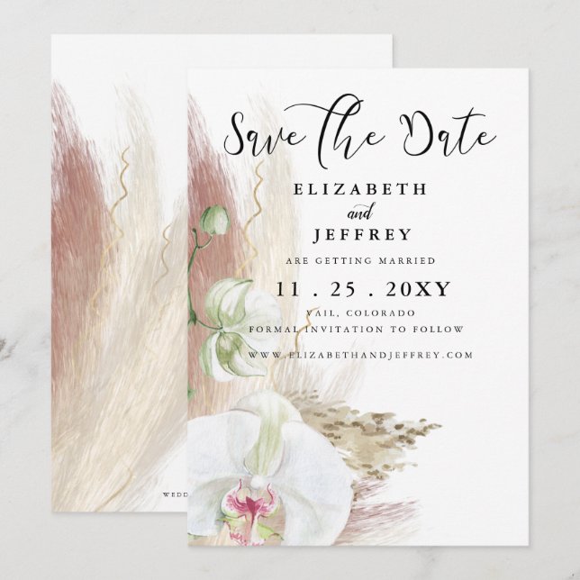 Rustic Boho Pampas Grass Orchid Save the Date  Announcement (Front/Back)