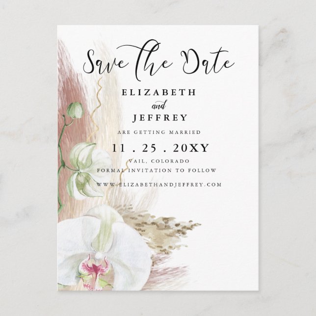 Rustic Boho Pampas Grass Orchid Save the Date  Announcement Postcard (Front)