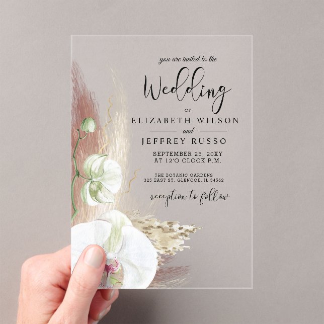 Rustic Boho Pampas Grass White Orchid Wedding Acrylic Invitations (Insitu (Handheld))