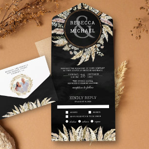 Rustic Boho Pampas Grass Wreath Black Wedding All In One Invitation