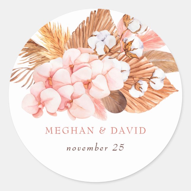 Rustic Boho Pampas Orchids Cotton Blush Wedding Classic Round Sticker (Front)